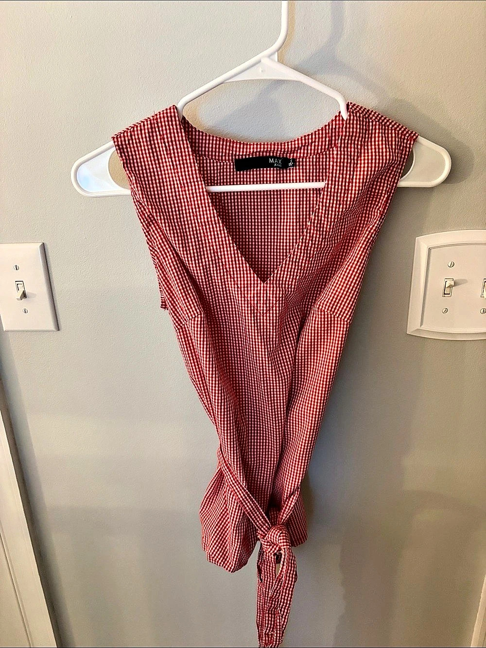 Max Jeans Red Gingham Tie-Waist Blouse